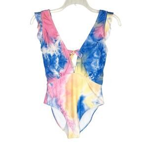 marina west Blue Tie Dye Plunge V Neck Ruffle Sleeve One Piece Swimsuit Sz Large
